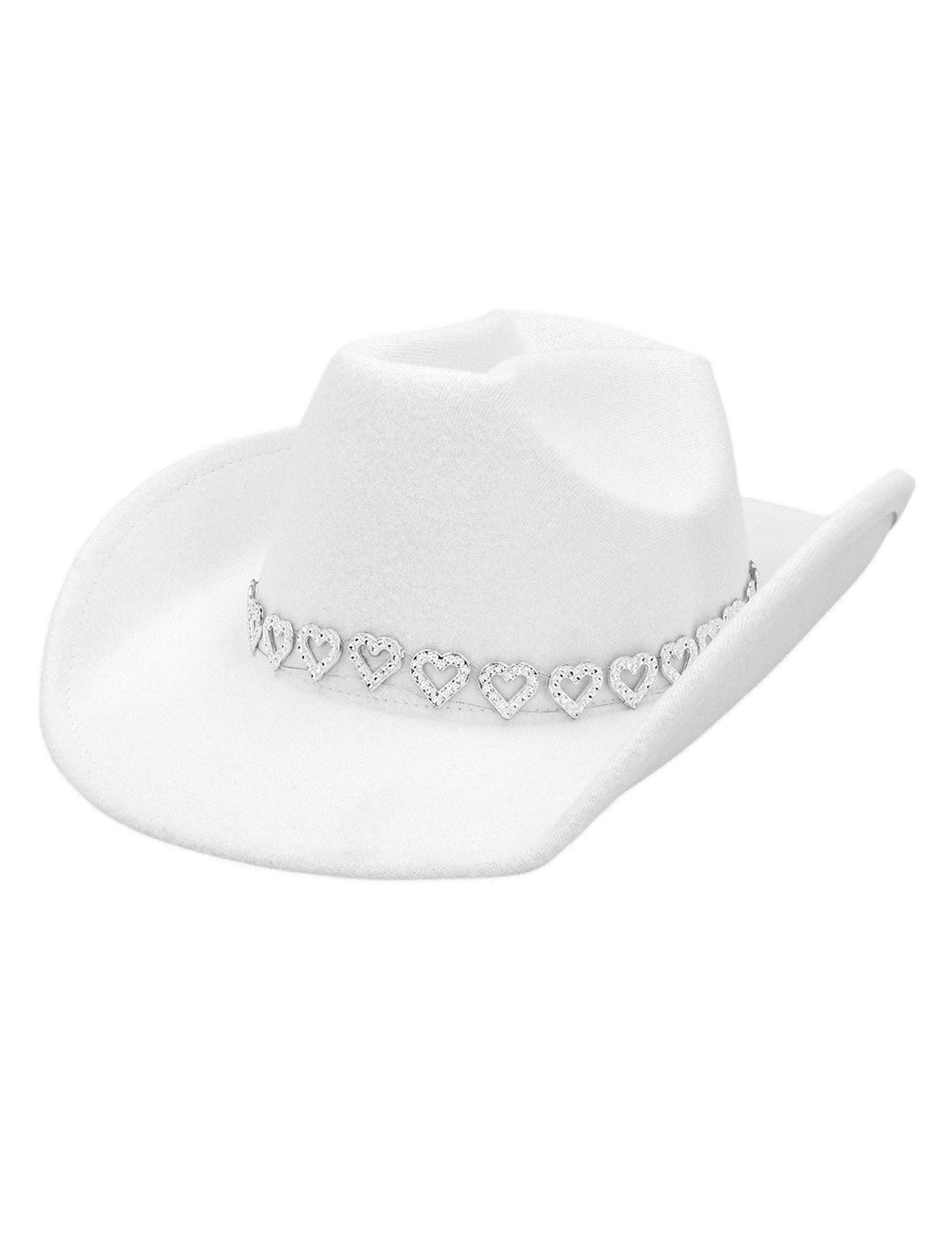 Vue de profil du chapeau cowboy pour adulte blanc avec cœurs brillants