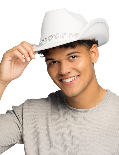 Bílý kovbojský klobouk s třpytivými srdíčky pro dospělé 