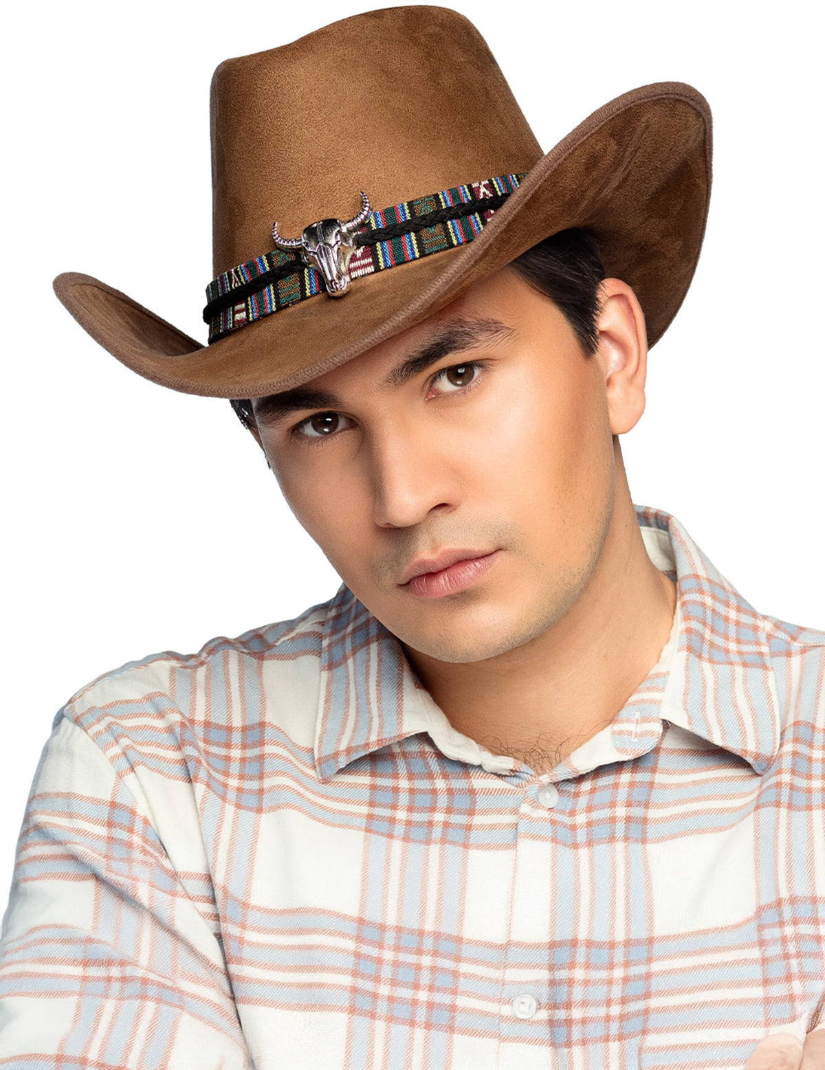Vue de face du chapeau de cowboy à tête de buffle