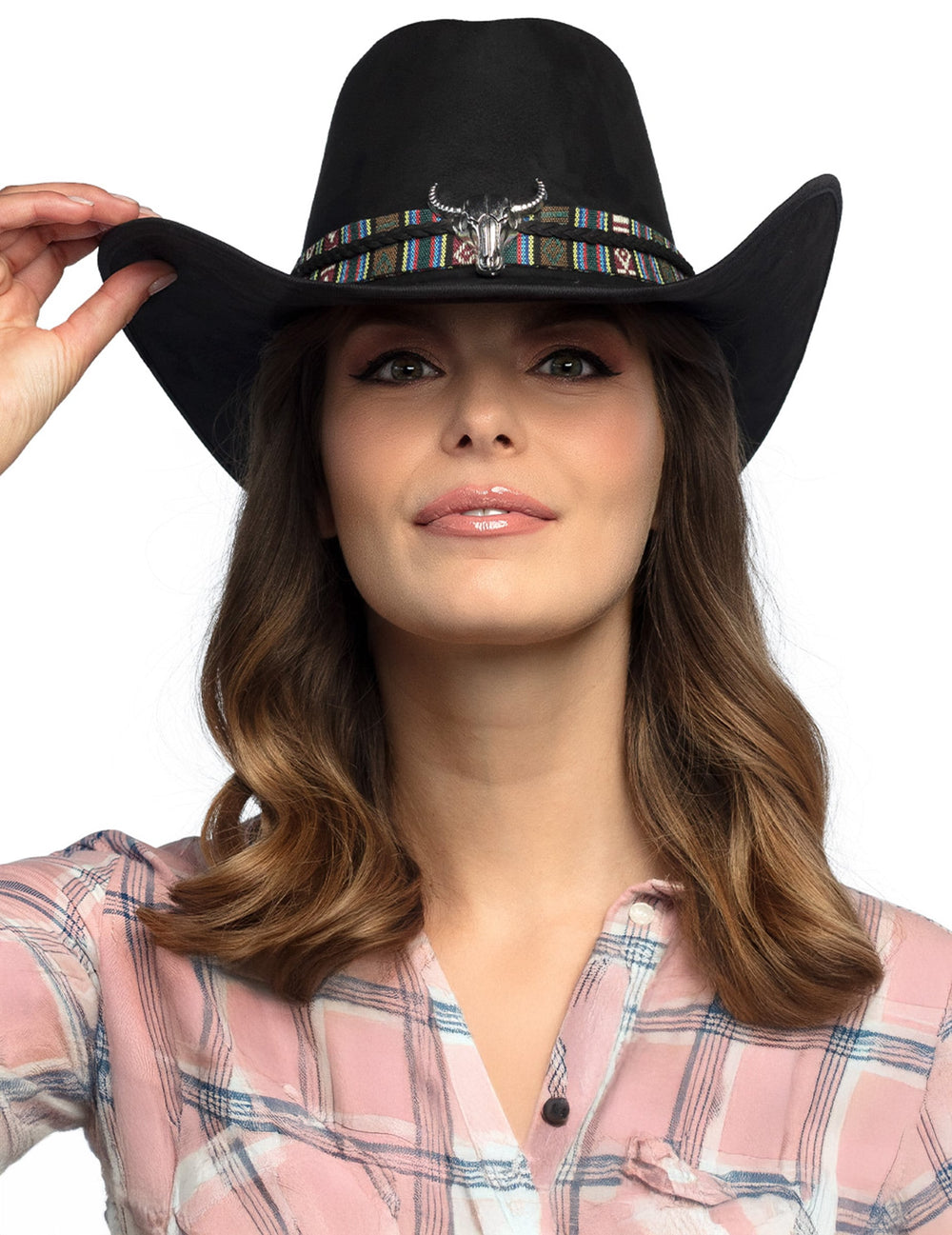 Vue de face du chapeau de cowboy à tête de buffle