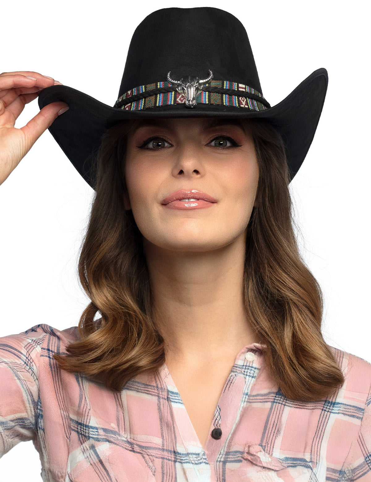 Vue de face du chapeau de cowboy à tête de buffle