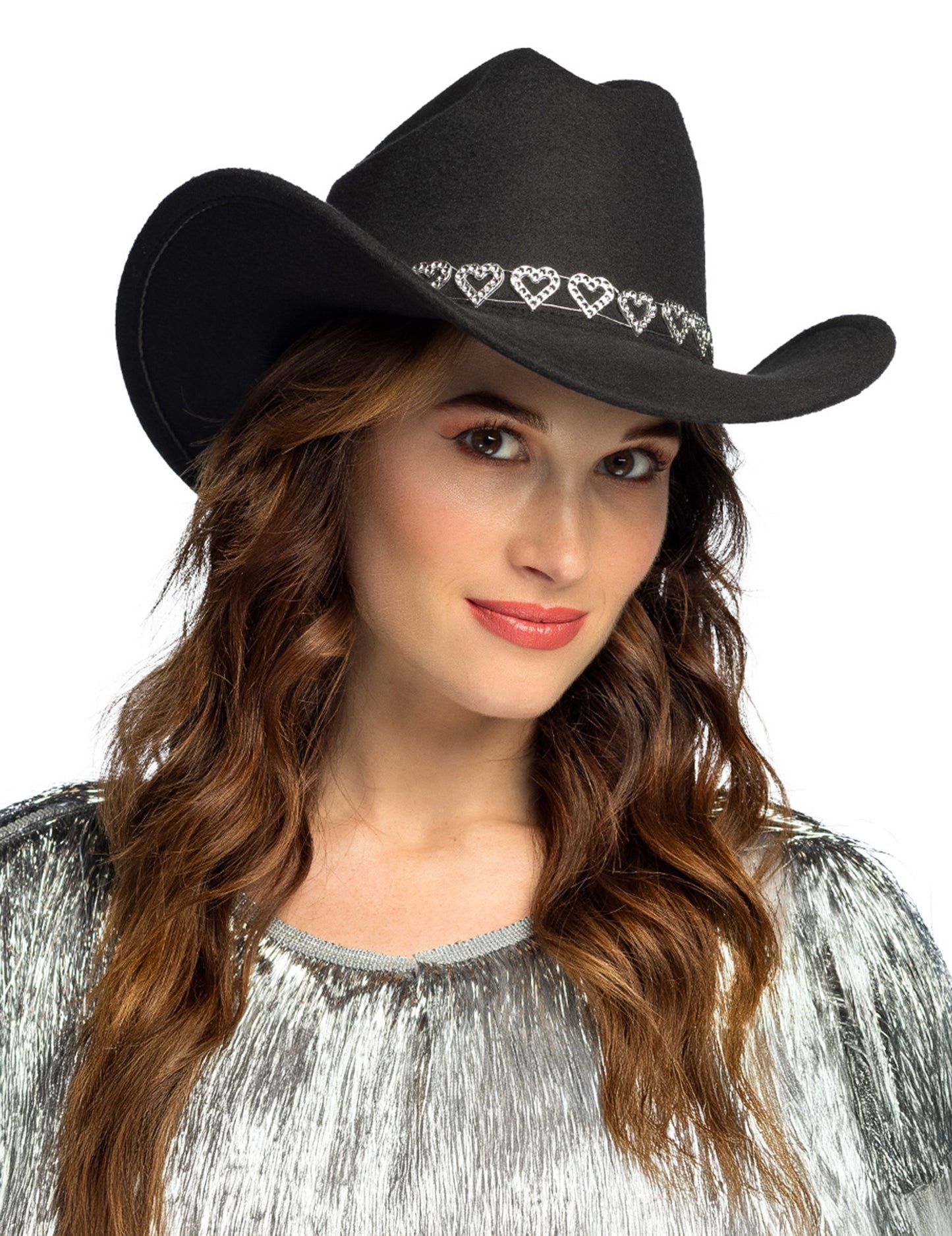 Černý kovbojský klobouk s třpytivými srdíčky pro dospělé 