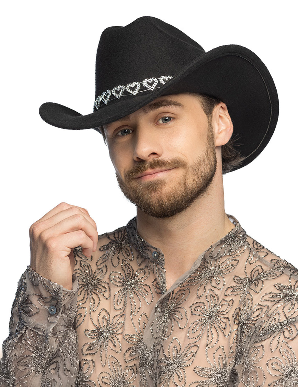 Chapeau de cowboy avec cœurs brillants pour adulte noir