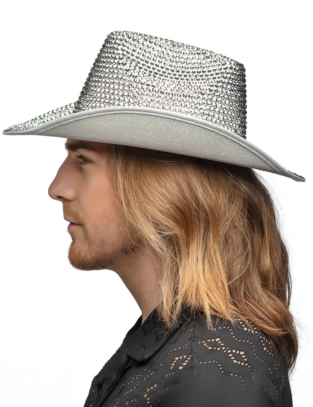 Vue de profil du chapeau de cowboy pour adulte strass argenté