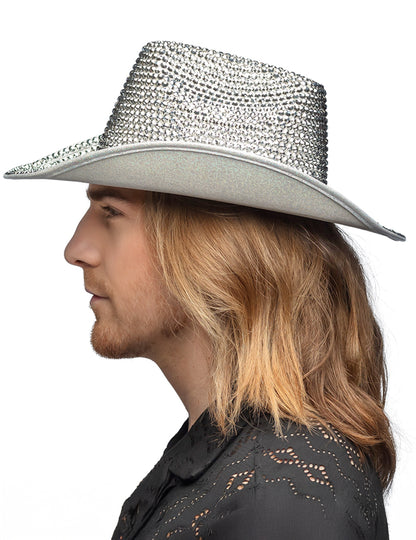 Vue de profil du chapeau de cowboy pour adulte strass argenté