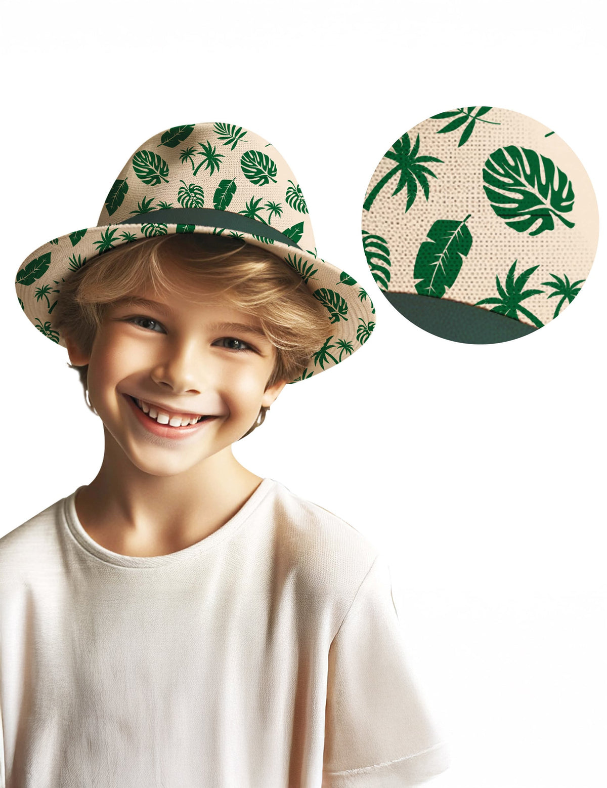 Chapeau d'été motif feuille pour enfant beige et vert