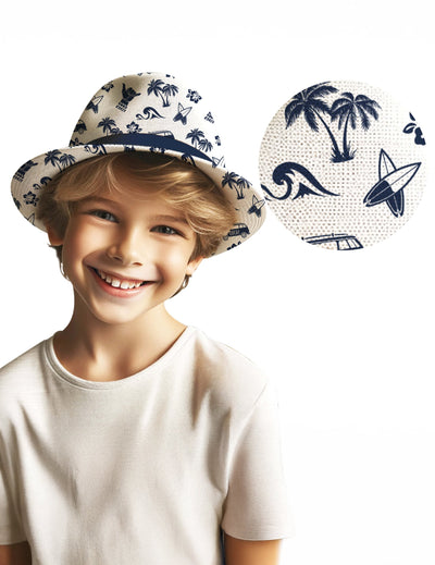 Chapeau d'été motif surf pour enfant blanc et bleu
