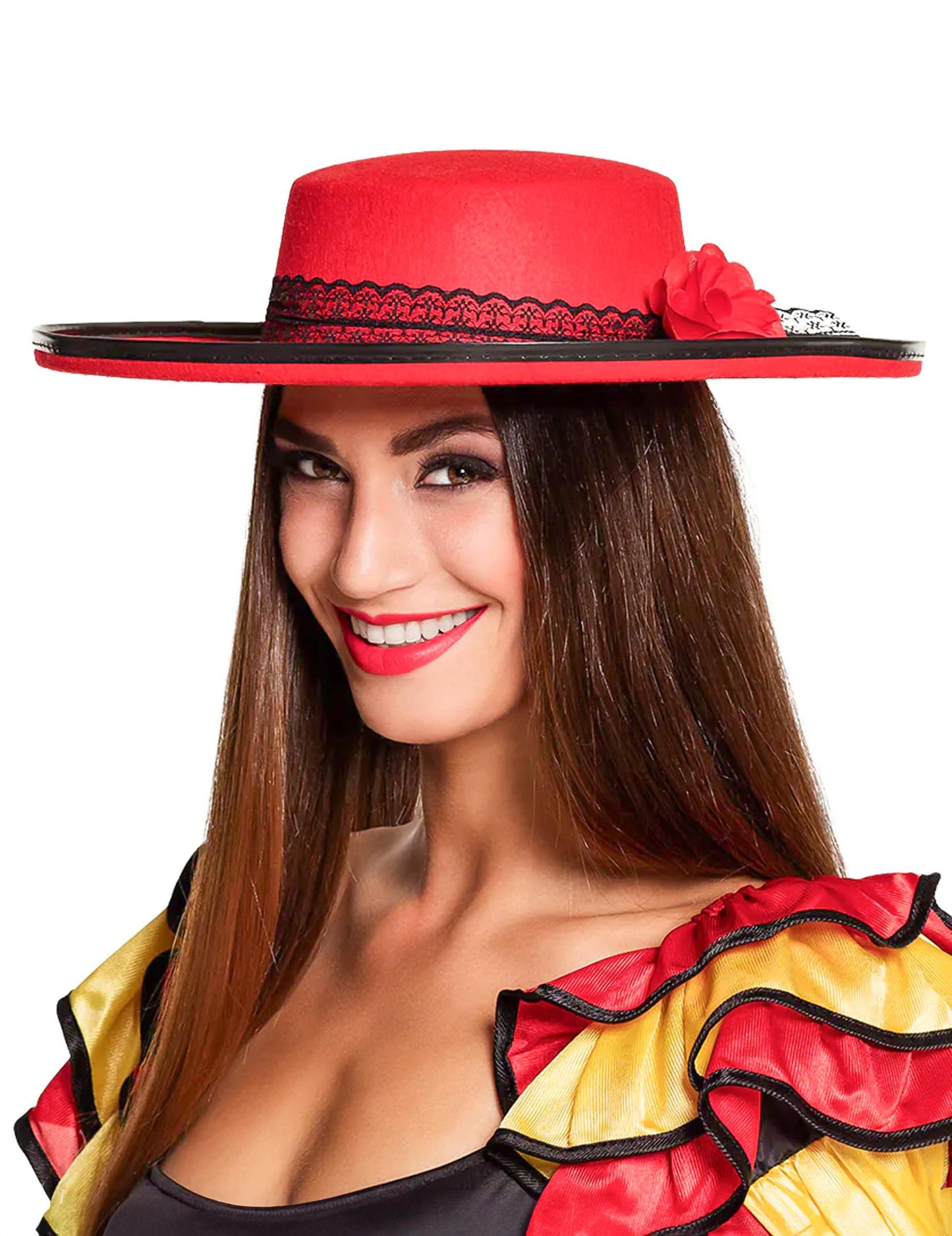 Chapeau danseuse espagnole pour femme rouge avec dentelle noire et fleur