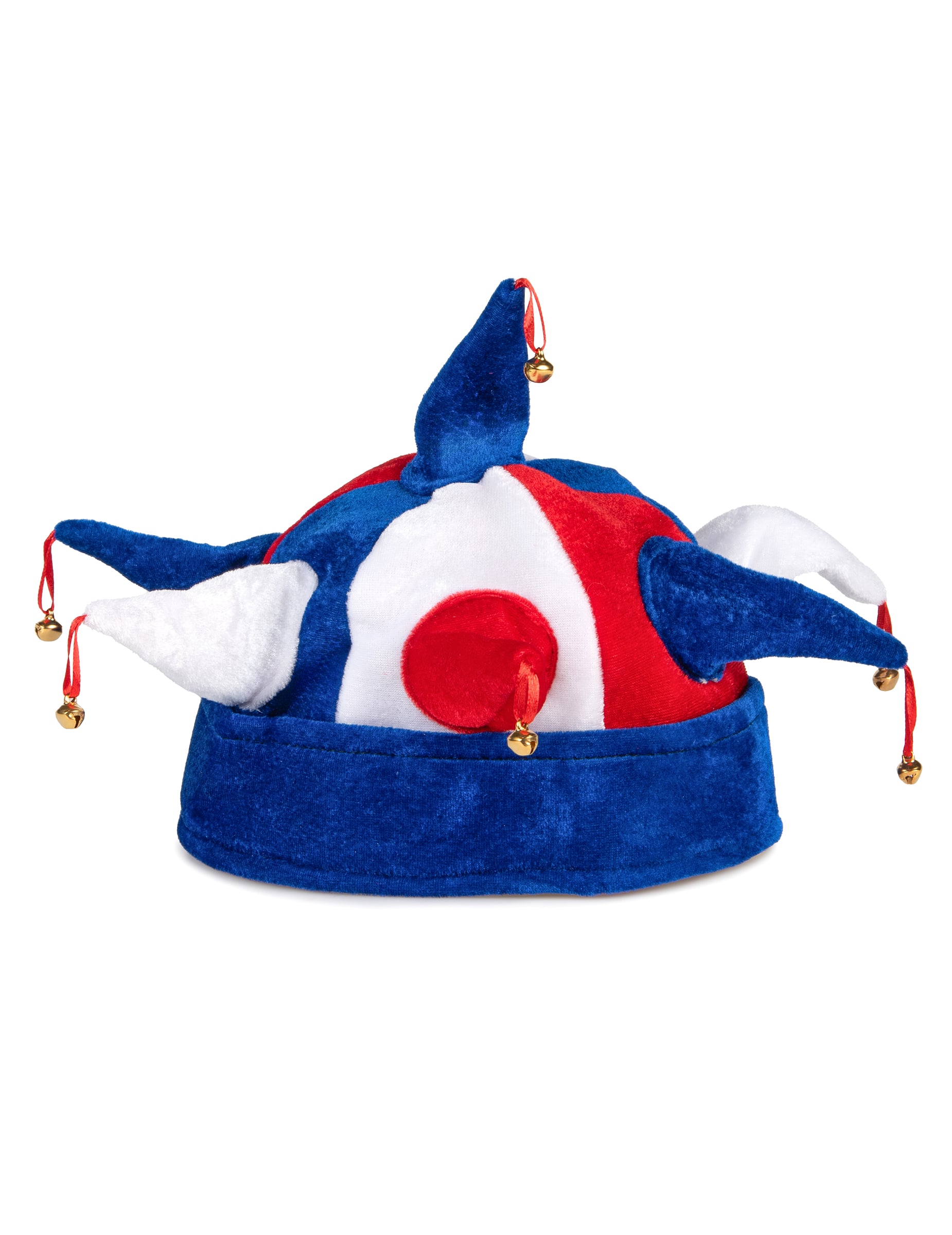 Chapeau de bouffon tricolore supporter France pour adulte bleu blanc rouge avec grelots