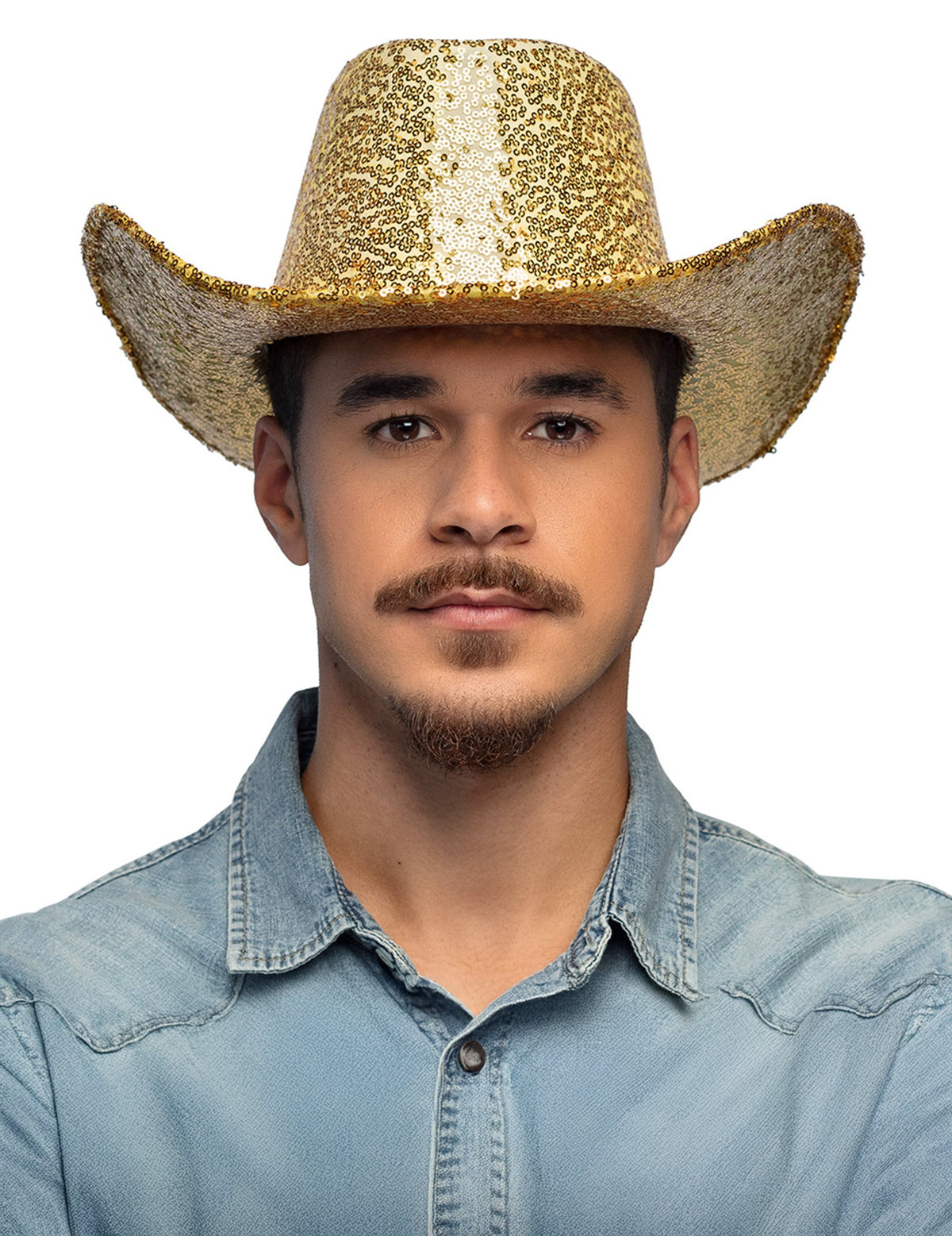 Vue de face du chapeau de cowboy à sequins pour adulte doré