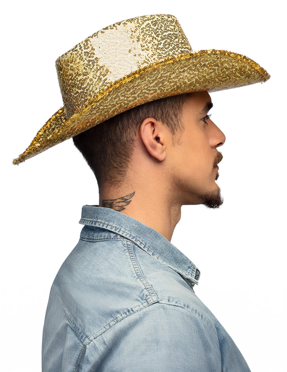 Vue de profil du chapeau de cowboy à sequins pour adulte doré