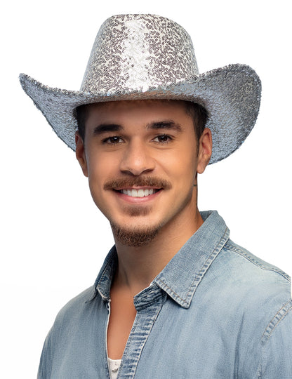 Stříbrný flitrovaný kovbojský klobouk pro dospělé