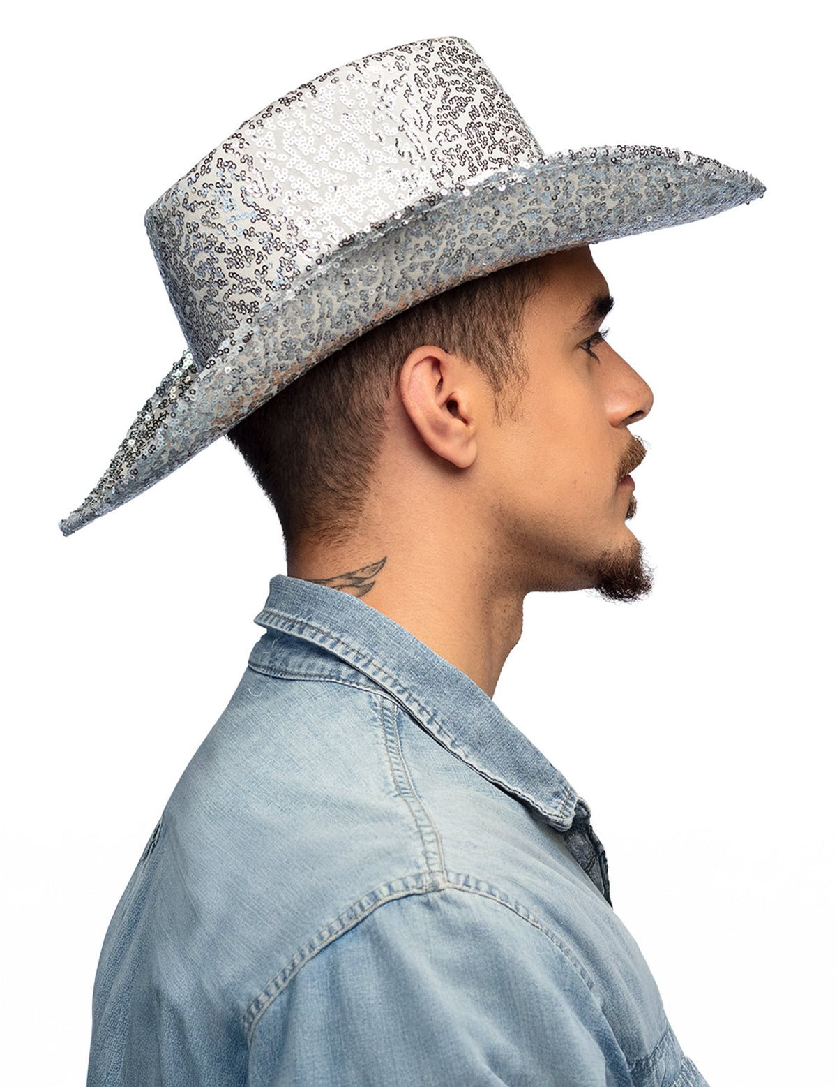 Vue de profil du chapeau de cowboy à sequins pour adulte argenté