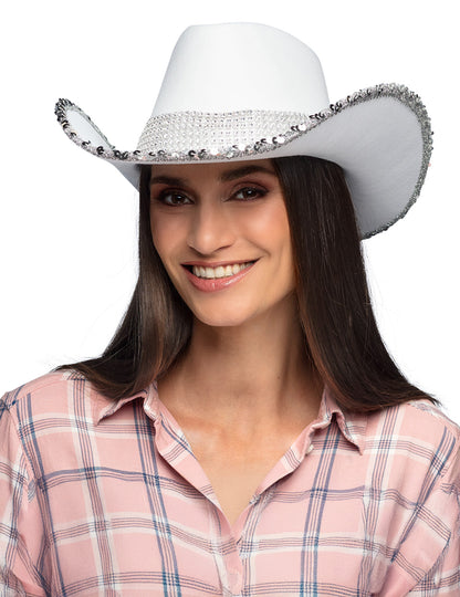 Bílý kovbojský klobouk pro dospělé s kamínky