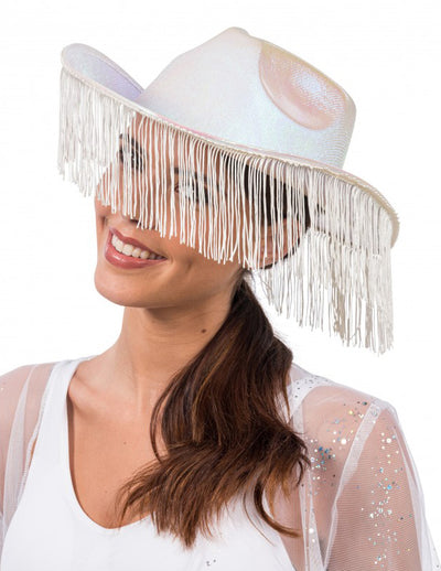 Chapeau de cowboy pour adulte irisé blanc avec franges