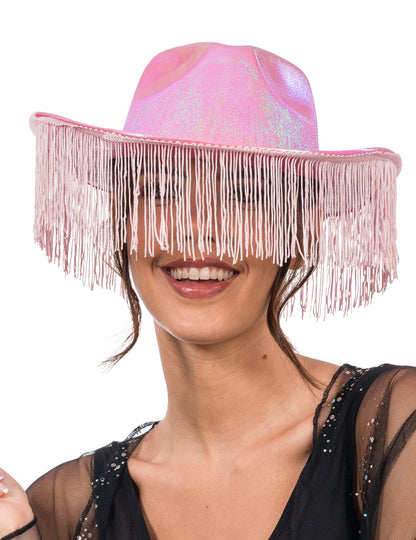 Růžový kovbojský klobouk s duhovými třásněmi pro dospělé