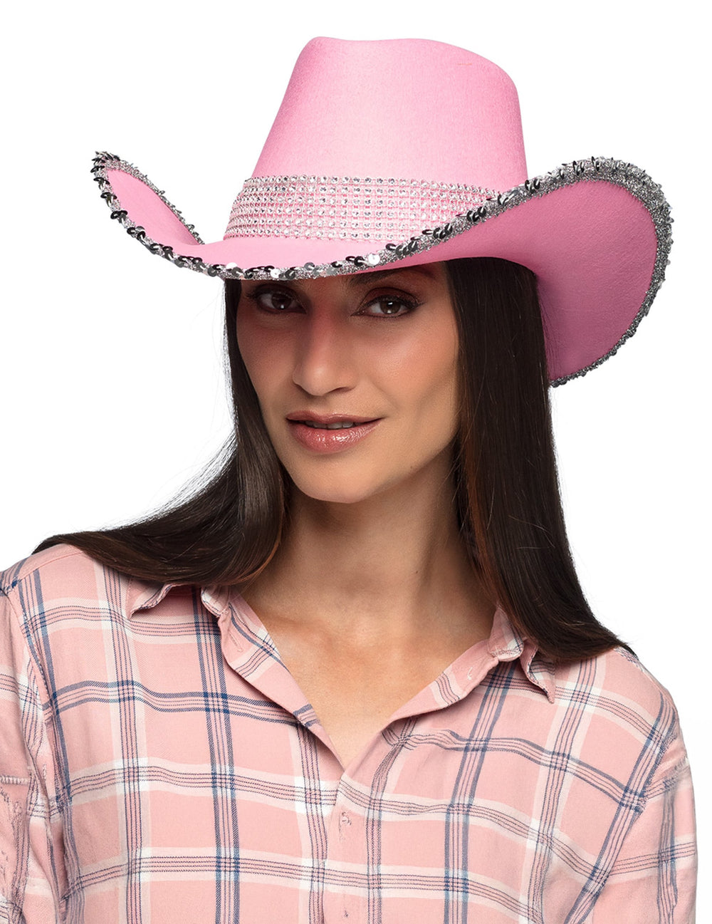 Chapeau de cowboy rose clair à strass pour adulte avec bordure argentée scintillante