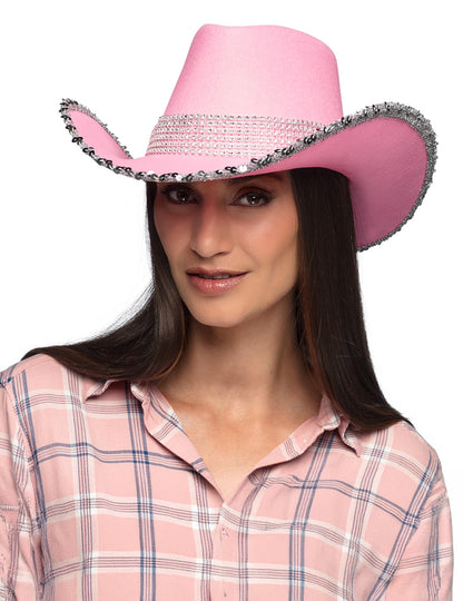 Světle růžový kovbojský klobouk pro dospělé s kamínky
