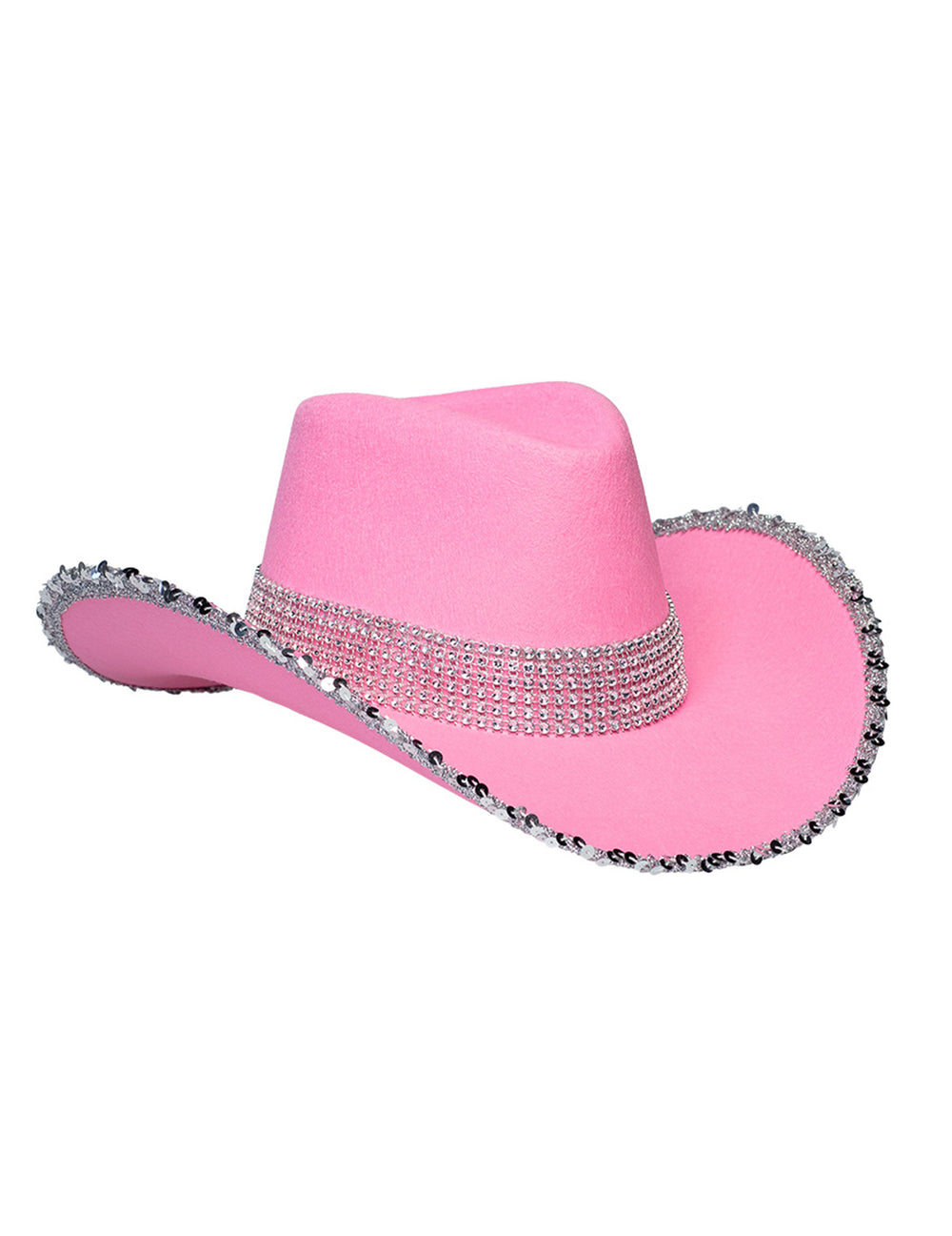 Vue de trois-quarts du chapeau de cowboy rose clair à strass pour adulte