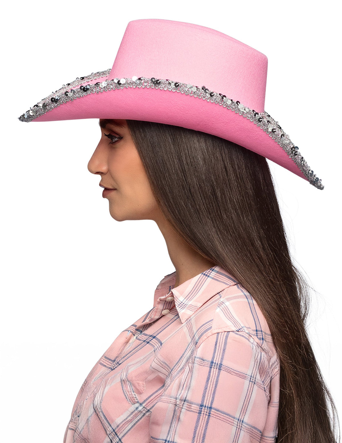 Vue de profil du chapeau de cowboy rose clair à strass