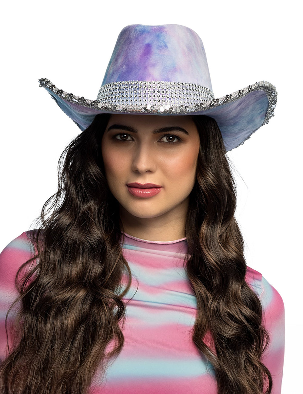 Chapeau de cowboy tie and dye pour adulte bleu et violet à sequins argentés