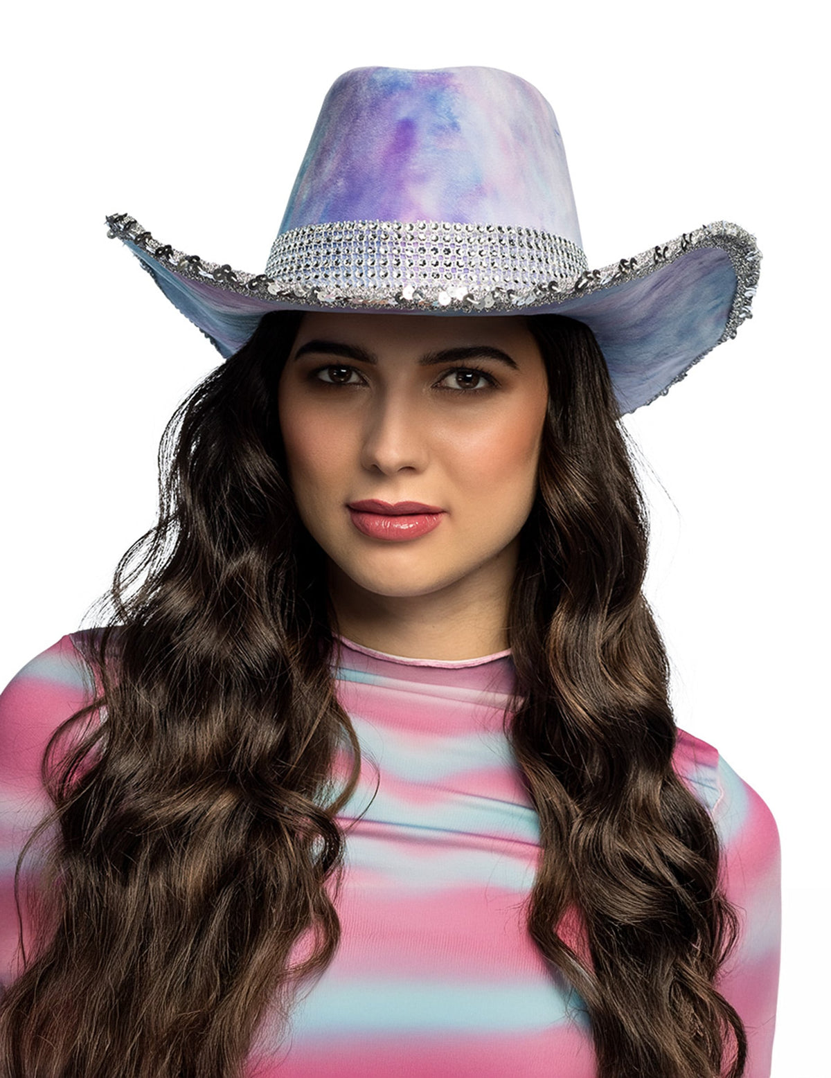Chapeau de cowboy tie and dye pour adulte bleu et violet à sequins argentés