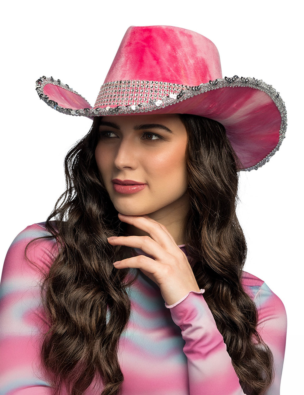 Chapeau de cowboy tie and dye pour adulte rose avec sequins argentés