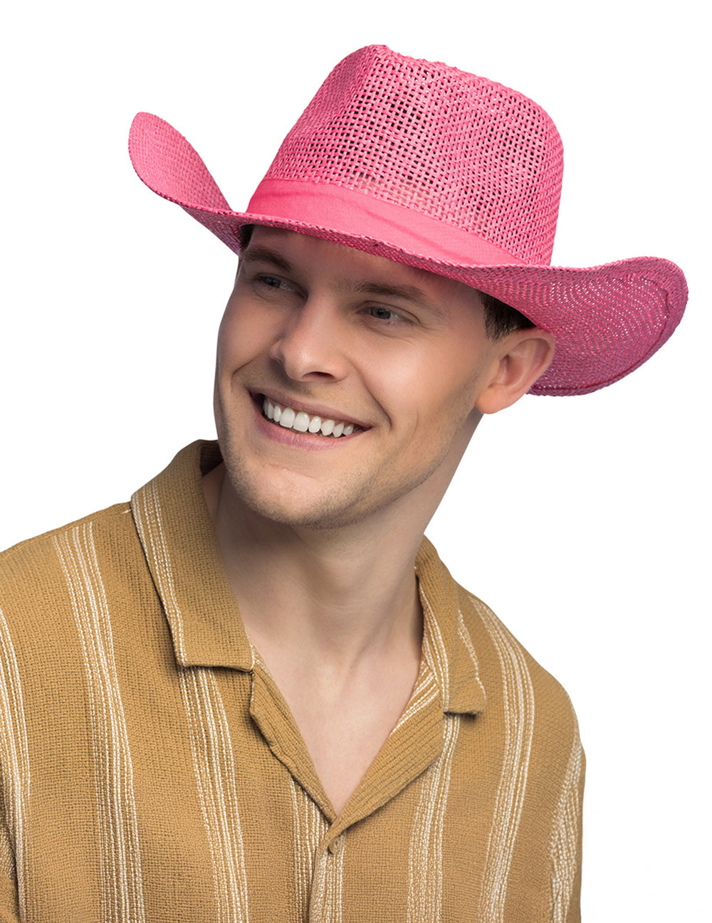 Vue de profil du chapeau de cowboy tressé pour adulte rose