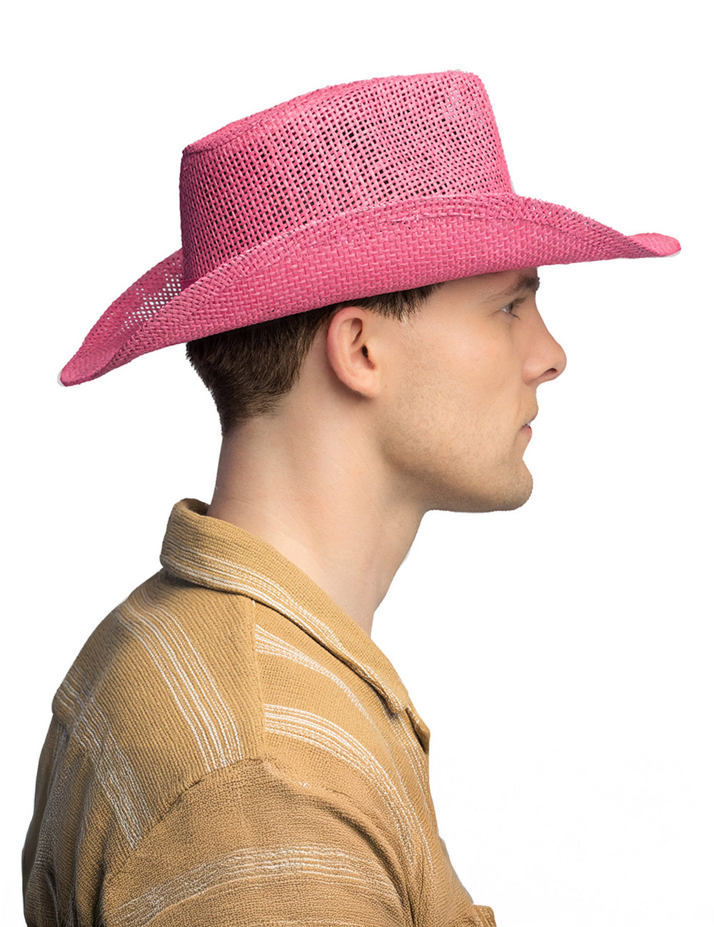 Vue de profil du chapeau de cowboy tressé pour adulte rose
