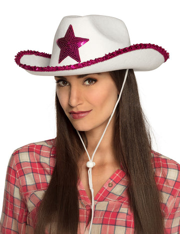 Chapeau de cowgirl blanc avec étoiles à sequins rose