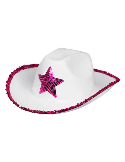 Chapeau de cowgirl blanc avec étoiles à sequins rose