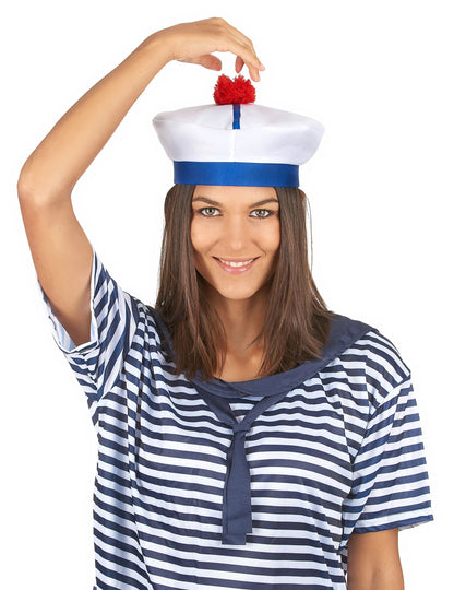 Chapeau de marin à pompon pour adulte blanc et bleu avec pompon rouge