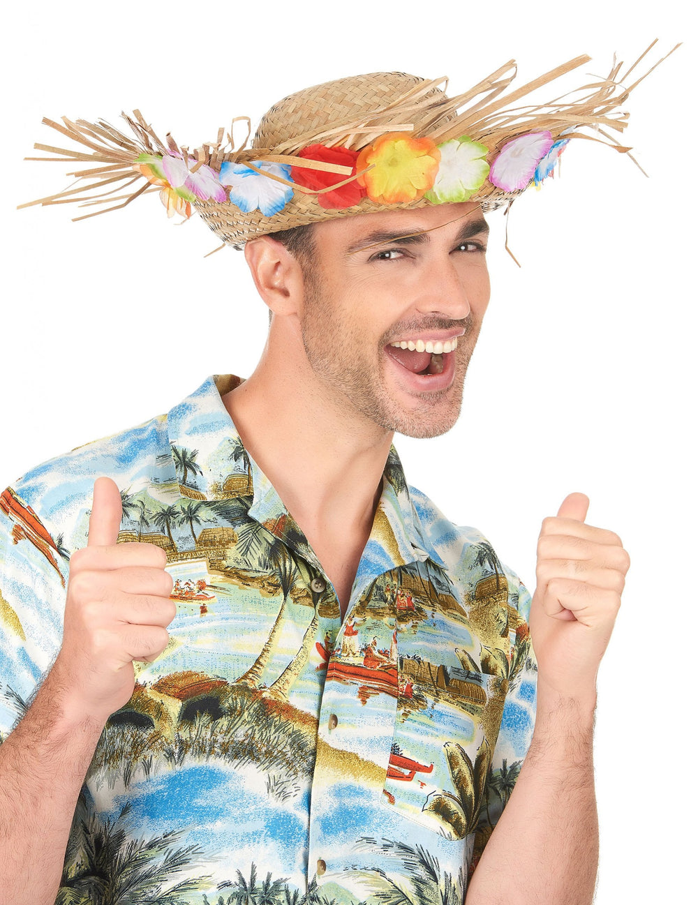 Chapeau de paille Hawaï pour adulte naturel avec fleurs multicolores