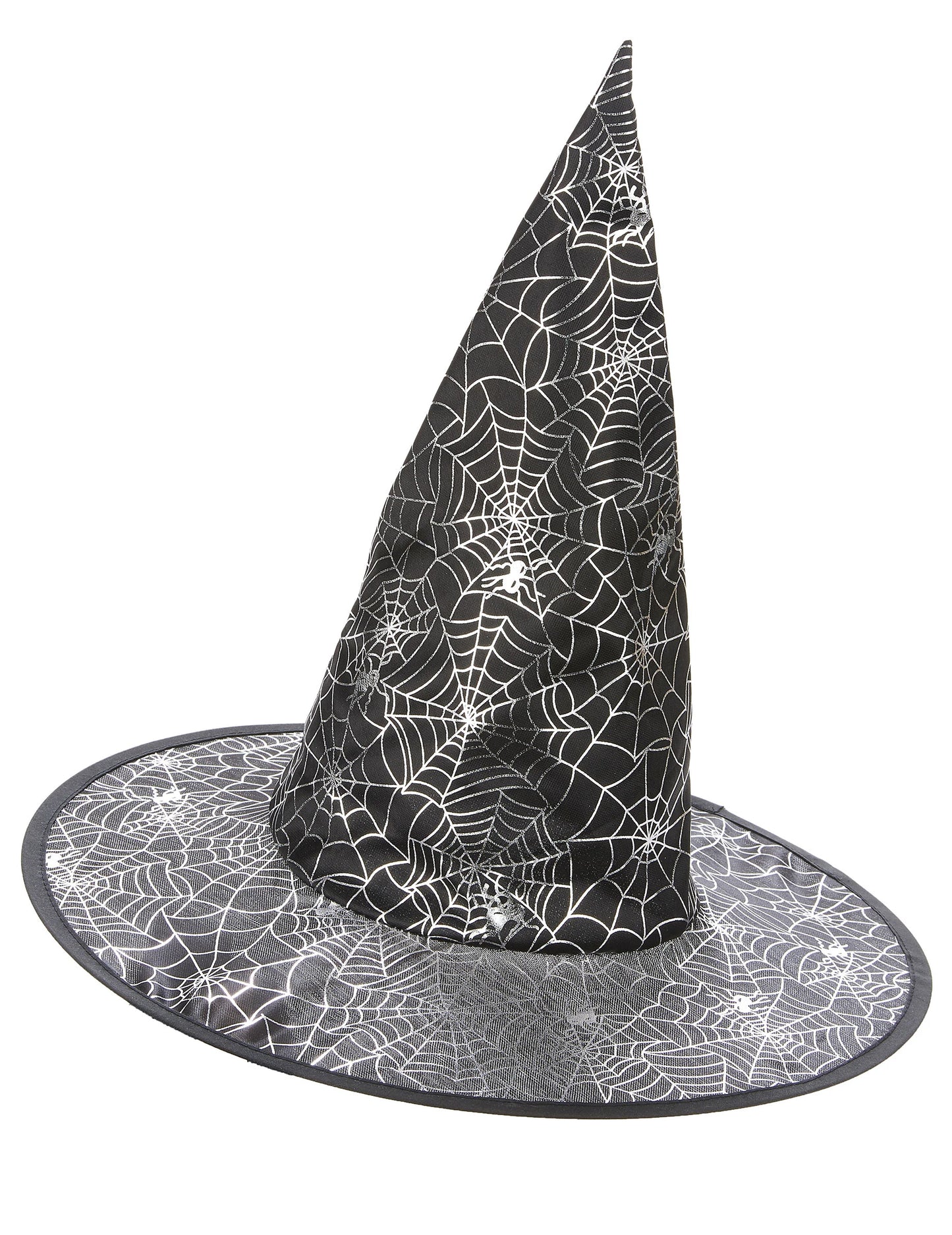 Vue de profil du chapeau de sorcière pour adulte noir avec motifs de toiles d'araignées blanches