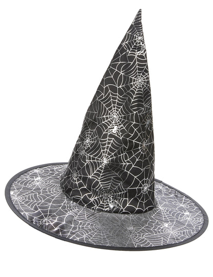 Vue de profil du chapeau de sorcière pour adulte noir avec motifs de toiles d'araignées blanches