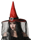 Chapeau de sorcière pour femme rouge avec voile noir et paillettes