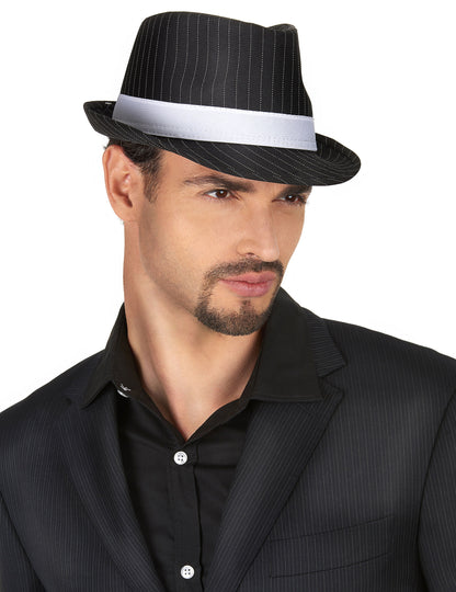Chapeau gangster pour adulte noir rayé avec ruban blanc
