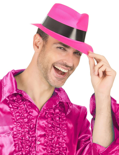 Chapeau gangster rose fluo pour adulte avec ruban noir