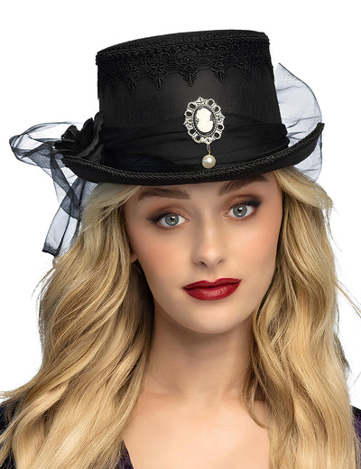 Chapeau Haut de forme Gothique pour femme noir avec camée et dentelle