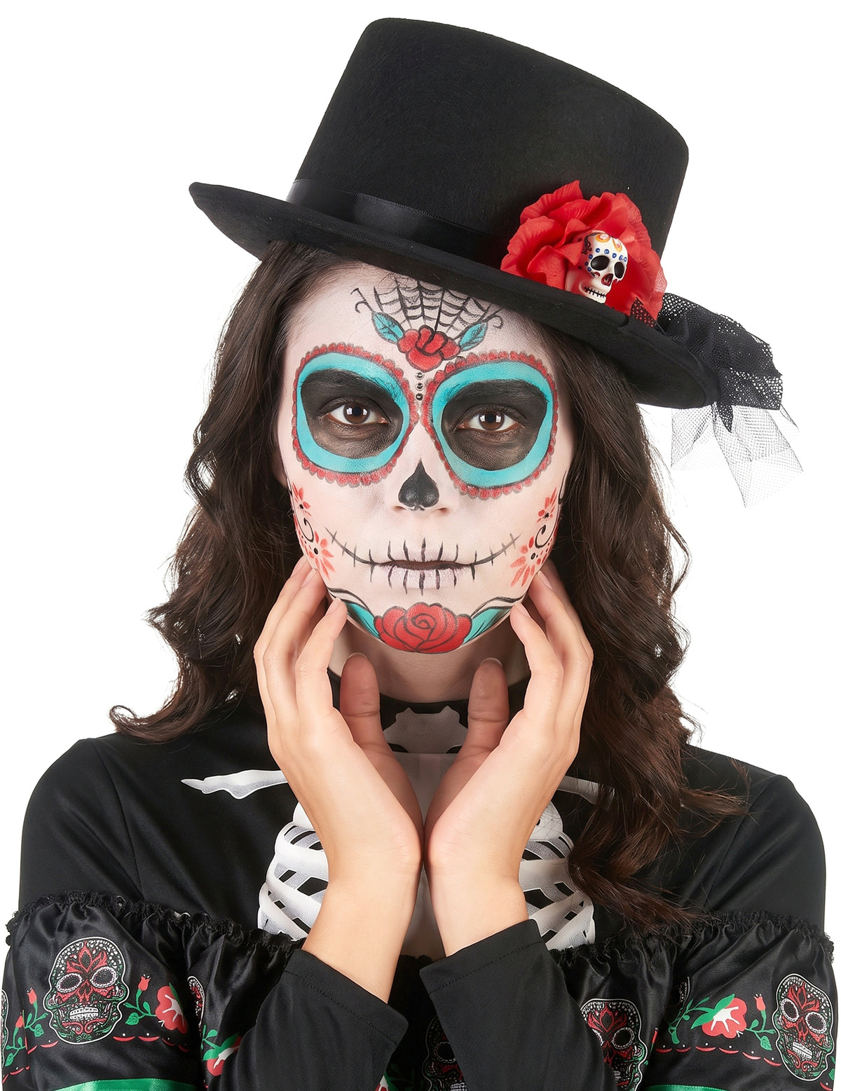 Černý cylindr lebka červený květ Dia de los muertos dospělý