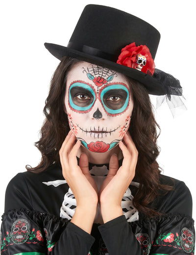 Černý cylindr lebka červený květ Dia de los muertos dospělý