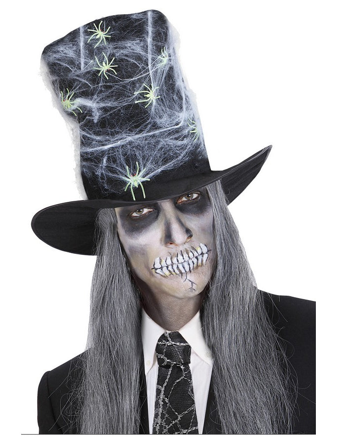 Chapeau haut de forme toile avec araignées Halloween pour adulte noir et blanc