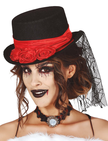 Chapeau haut de forme vampire pour femme noir et rouge avec roses et voile en dentelle