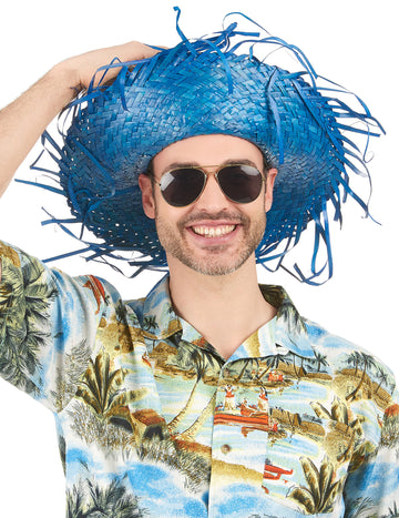 Chapeau Hawaï pour adulte bleu en paille effilochée