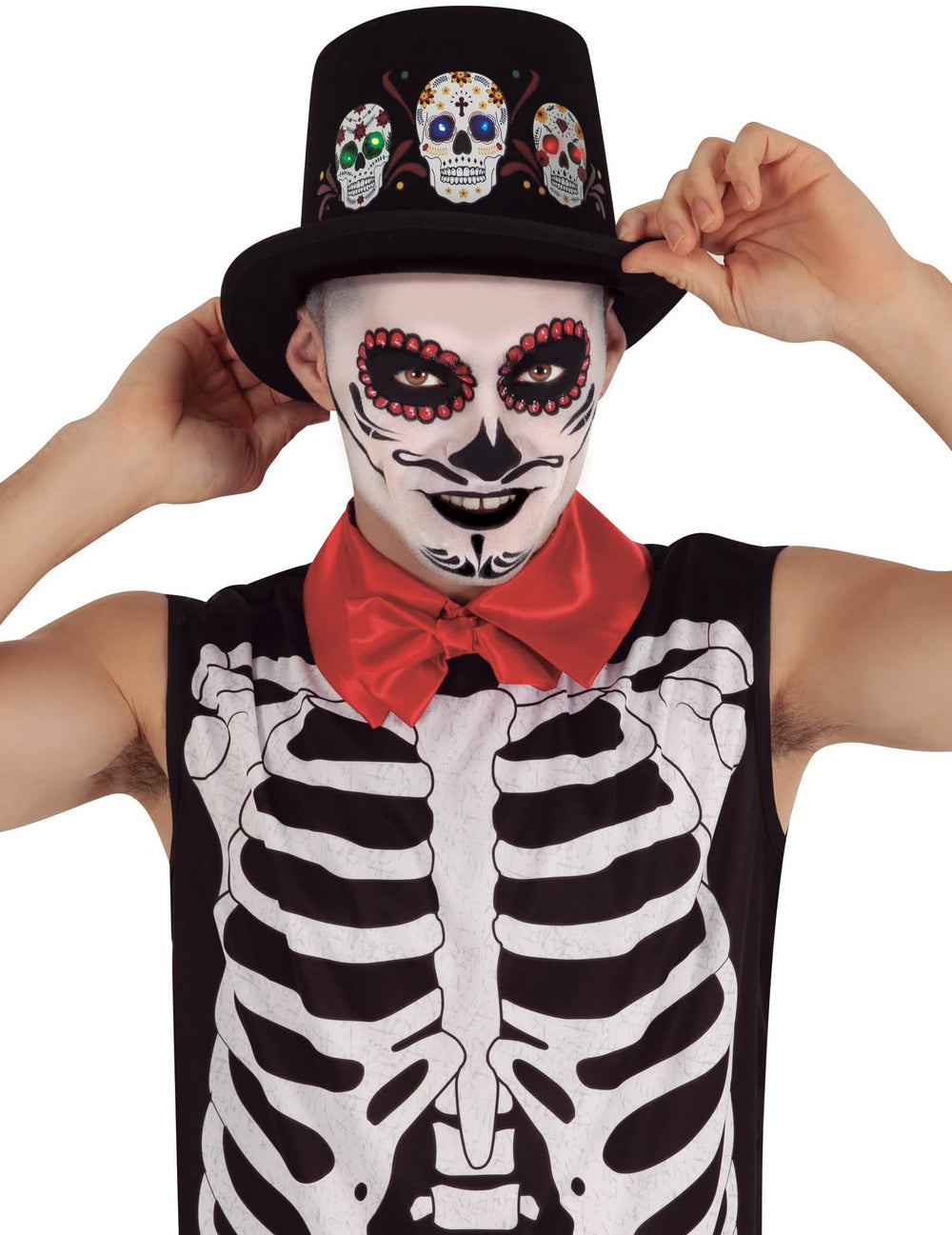 Svítící klobouk Dia de los muertos pro dospělý černá s lebkami