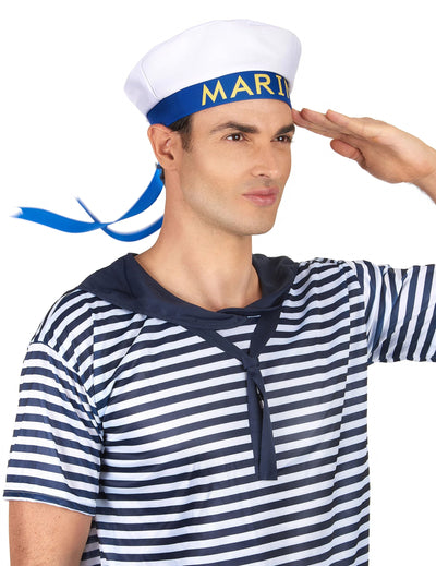 Chapeau marin pour adulte blanc et bleu avec rubans et inscription Marin