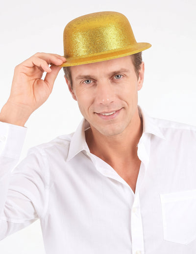 Plastový klobouk Bowler se zlatými třpytkami pro dospělé