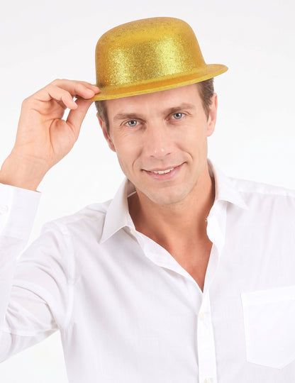 Plastový klobouk Bowler se zlatými třpytkami pro dospělé
