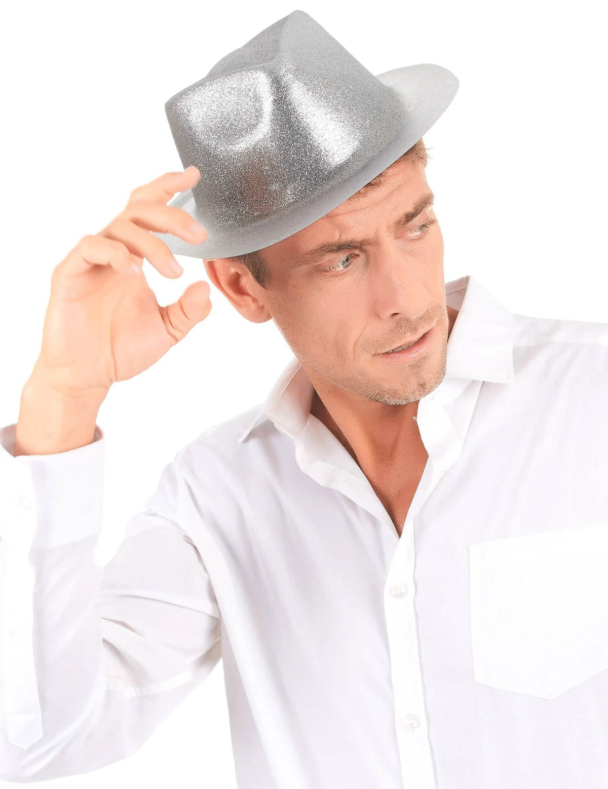 Pohled zepředu na lesklý klobouk pro dospělý