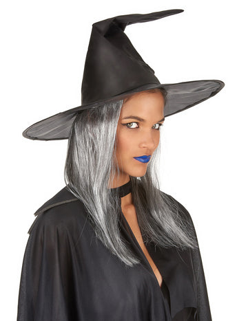 Černý čarodějnický klobouk s šedivými vlasy pro dospělé Halloween